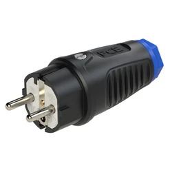 Vidlice přímá, guma/polyamid, 16A/250V, dvojí zemnící systém, IP54, černá/modrá.