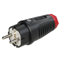 Vidlice přímá, guma/polyamid, 16A/250V, dvojí zemnící systém, IP54, černá/červená